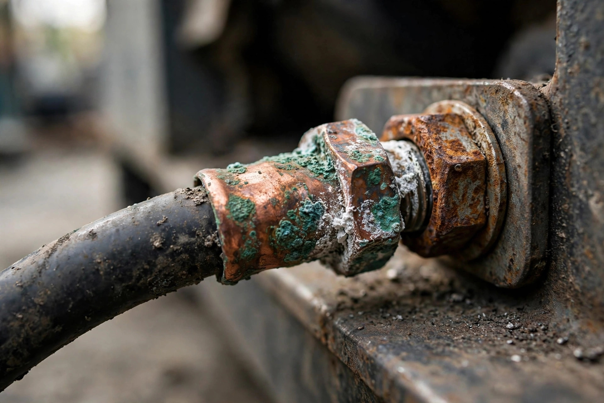 Corroded battery cable lug on a diesel generator ground connection, green oxidation on the mating surface