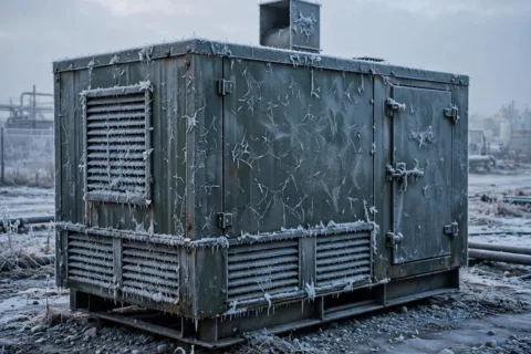 A diesel generator enclosure covered in frost on a sub-zero winter morning — cold weather turns diesel fuel to wax before the engine ever gets cold