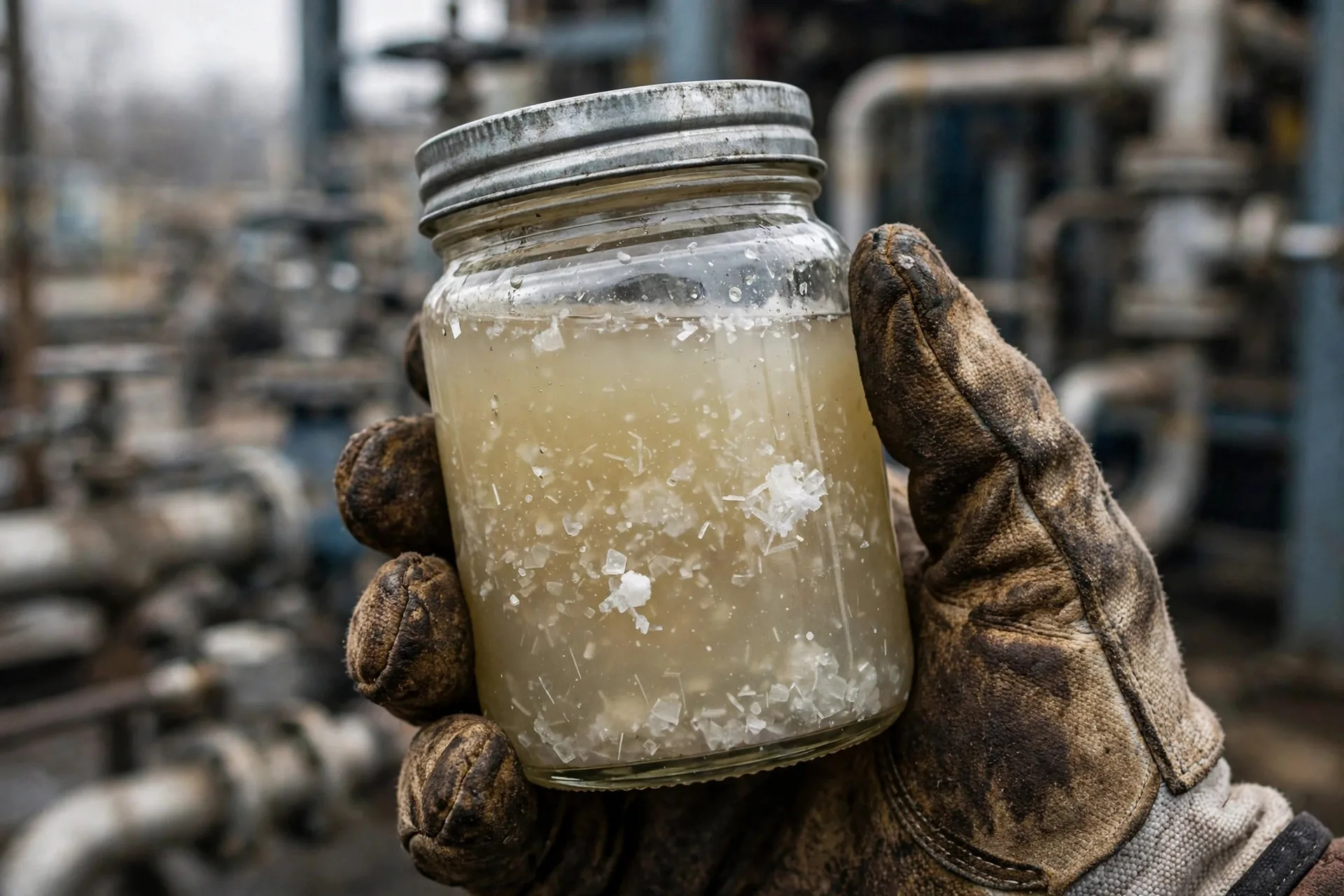 A gloved hand holding a glass jar of cloudy, wax-gelled diesel fuel — paraffin crystals that plug fuel filters in cold weather