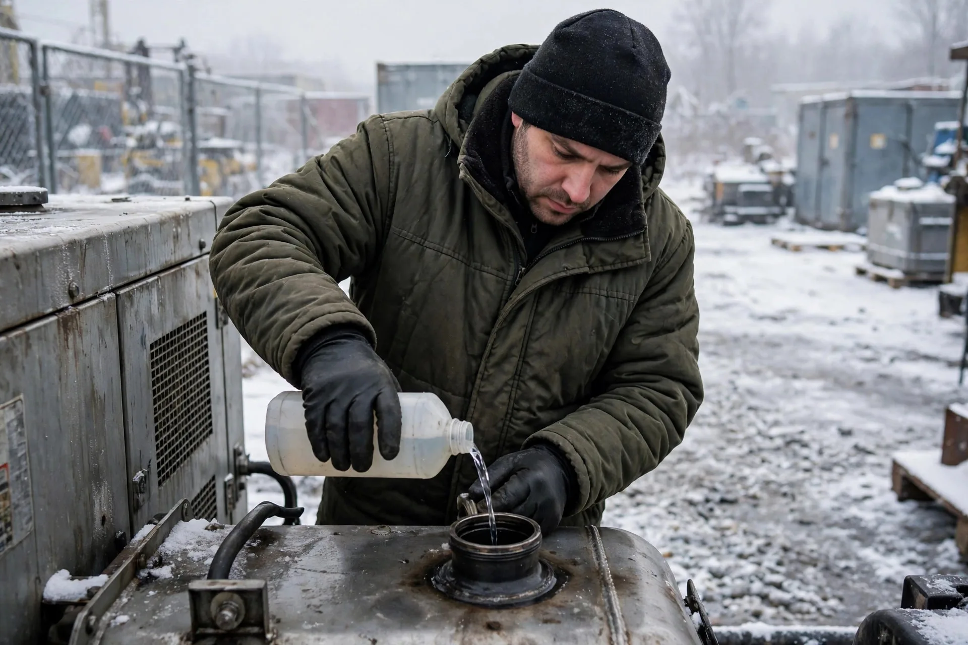 A technician dosing anti-gel additive into a diesel generator's fuel tank filler neck before winter — additive prevents wax, it cannot melt it