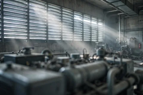 Large intake louvers on a diesel generator plant room wall — combustion air enters here before the engine ever sees it