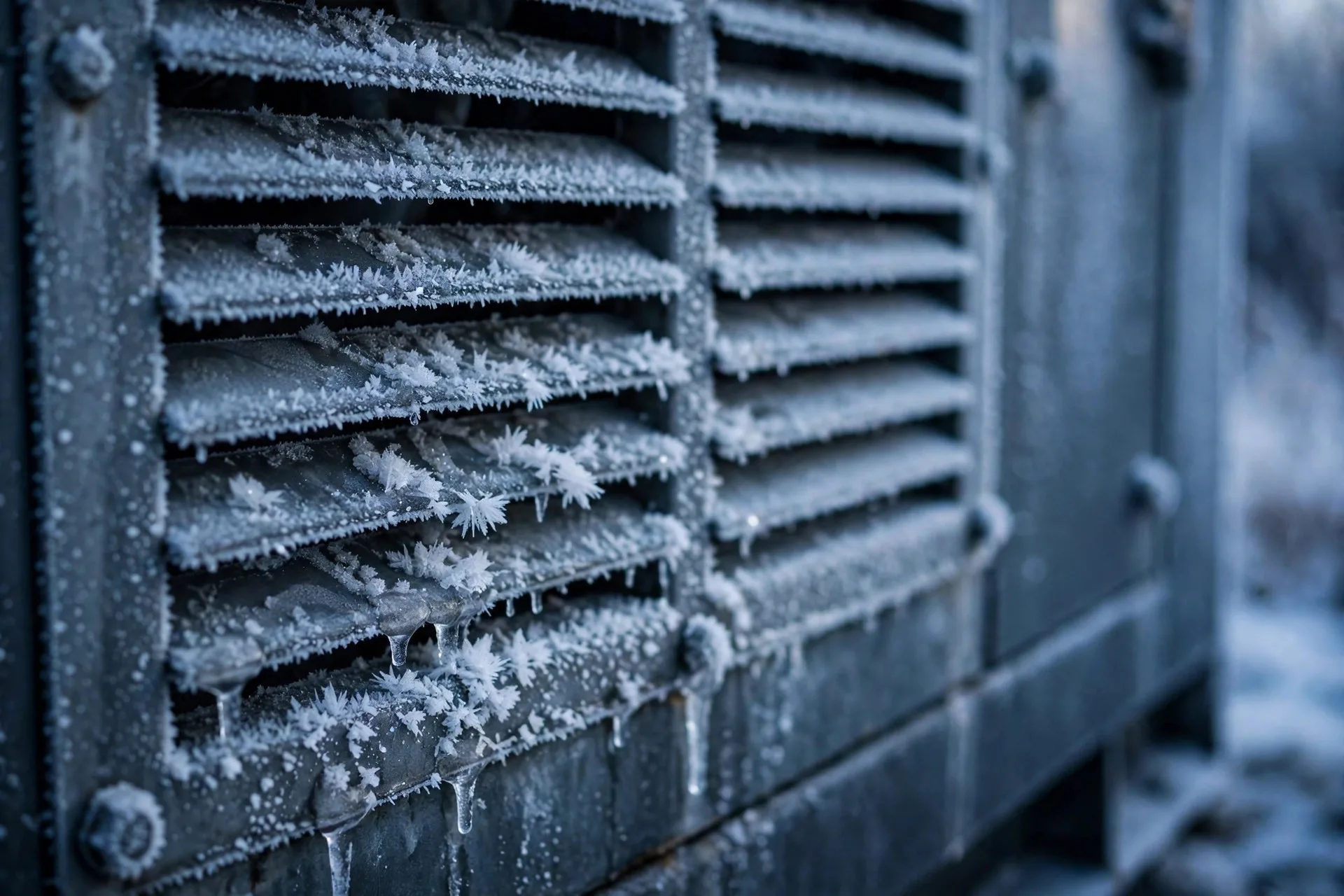 Ice-clogged intake louver slats on a diesel generator enclosure in winter — frozen louvers starve the engine of combustion air
