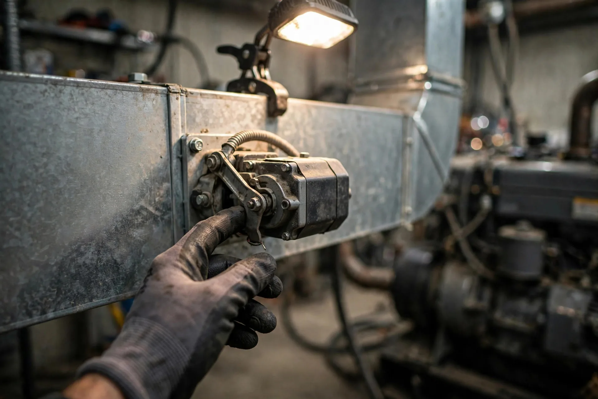 A technician inspecting a motorized intake damper actuator in a diesel generator room — intake dampers must fail open, not closed