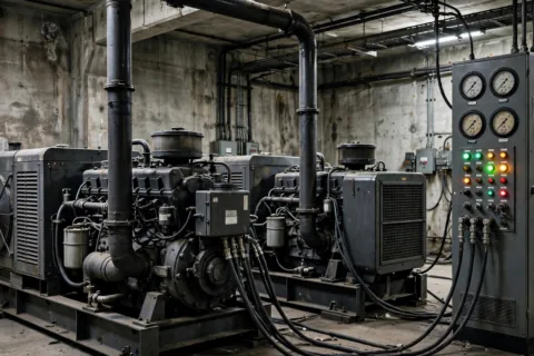 Two paralleled diesel generator sets with a paralleling switchgear cabinet and kW gauges