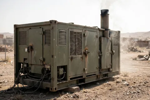 Containerized diesel generator operating under intense summer heat — high ambient temperature steals engine power