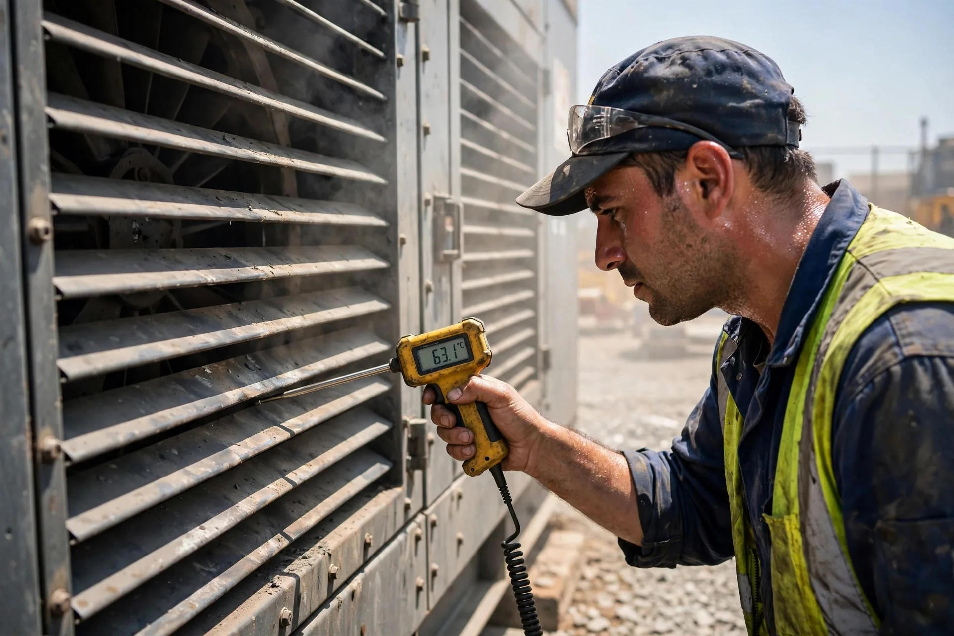 Technician measuring intake air temperature at a containerized diesel generator's louvers on a hot day