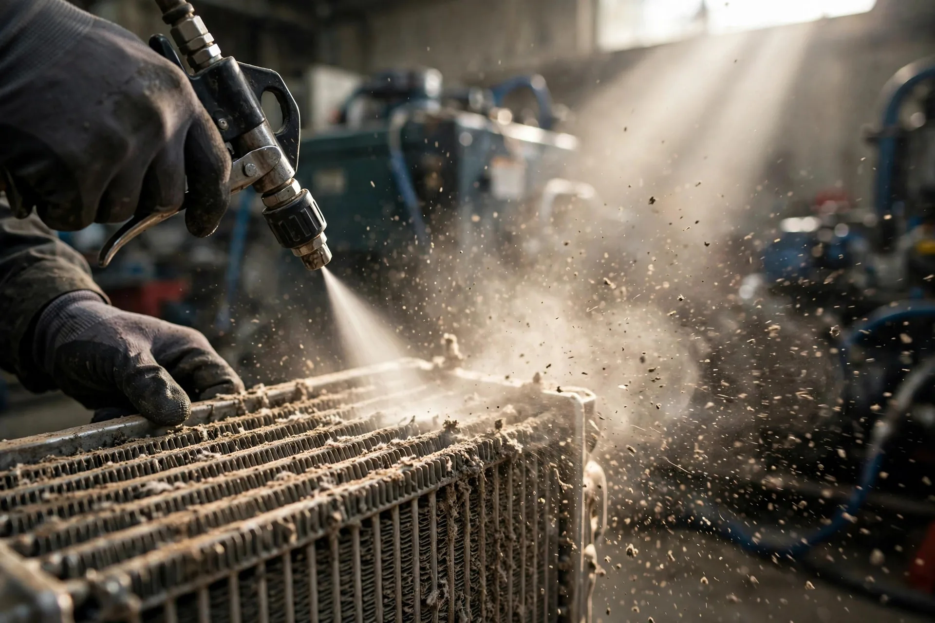 Technician blowing dust from diesel generator radiator fins with compressed air — clogged fins make high-temperature derating worse