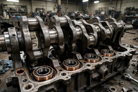 Exposed diesel generator crankshaft with main bearing caps removed during an engine overhaul — worn main bearings shown