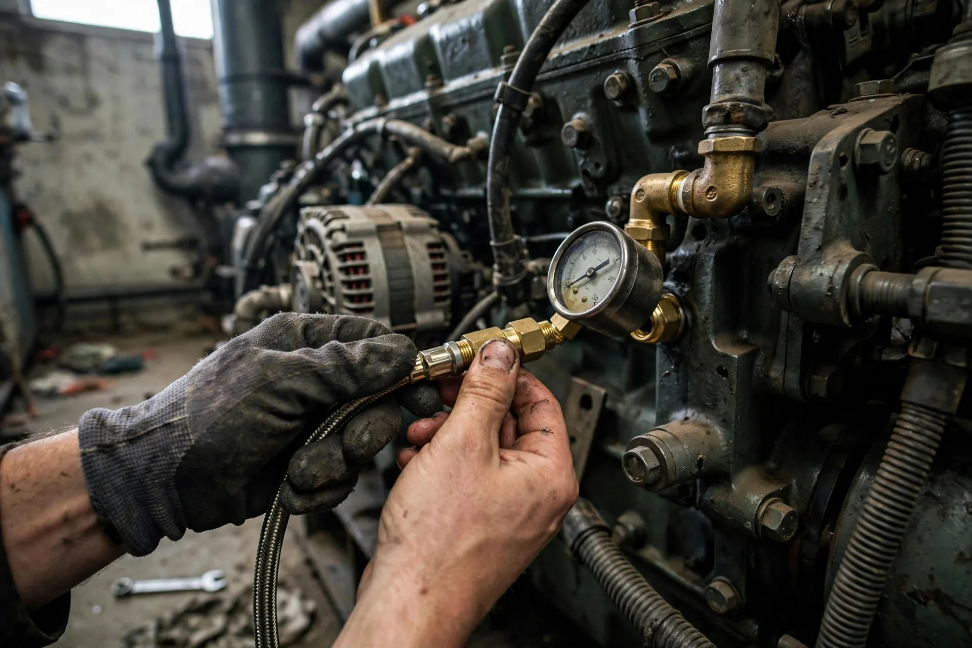 Technician connecting a mechanical oil pressure test gauge to a diesel generator engine block
