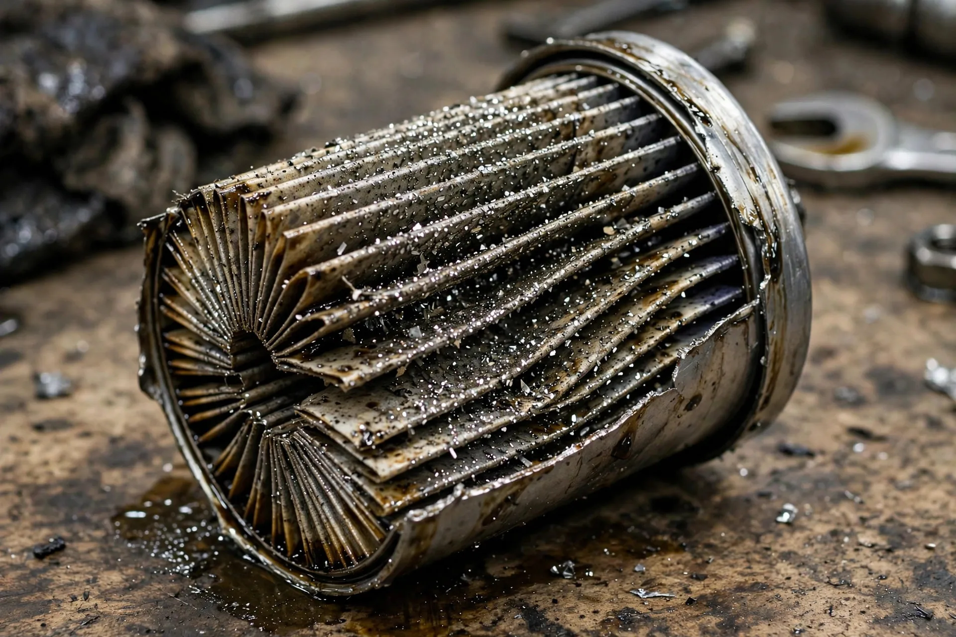 Cut-open diesel generator oil filter with metallic glitter debris from worn crankshaft bearings on the filter pleats
