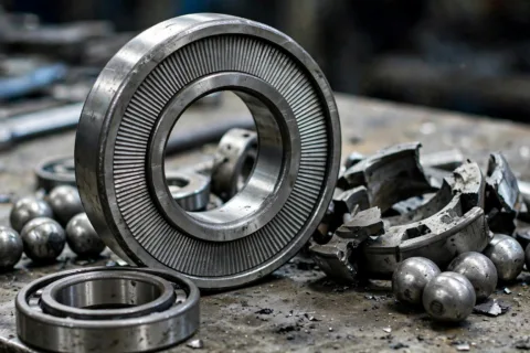 Disassembled alternator bearing showing washboard fluting damage on the outer race from shaft current