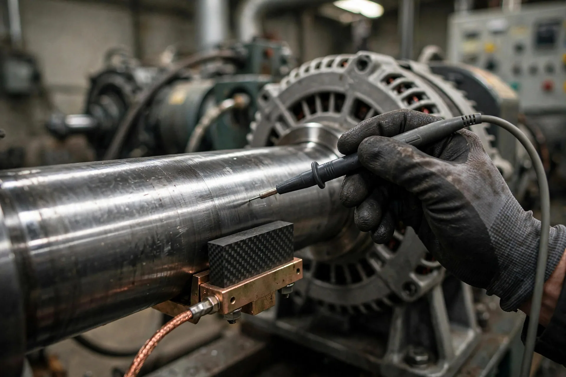 Technician measuring shaft voltage on a diesel generator shaft with an oscilloscope probe