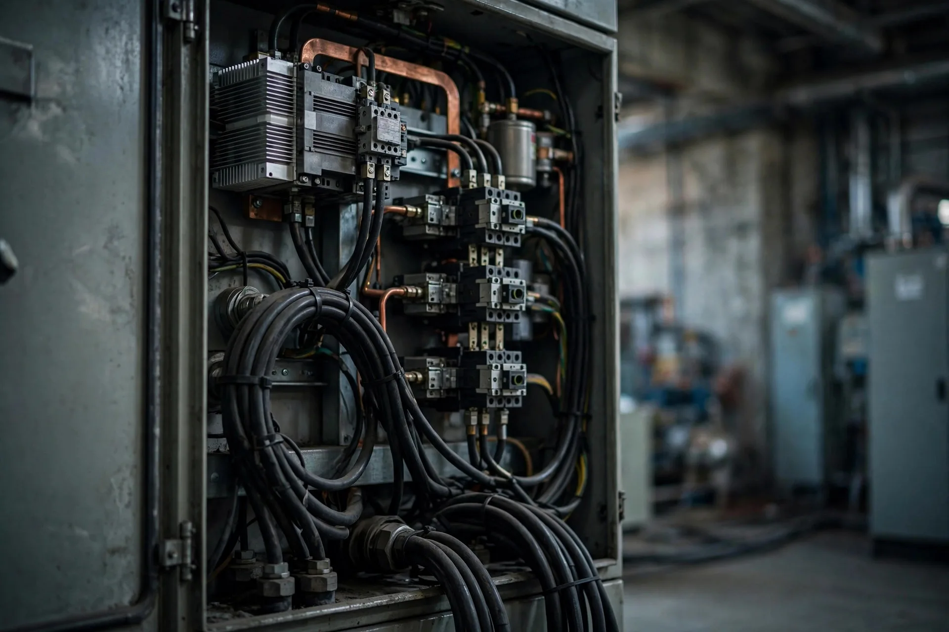 Variable frequency drive cabinet with power cables in an industrial plant, a common source of shaft current