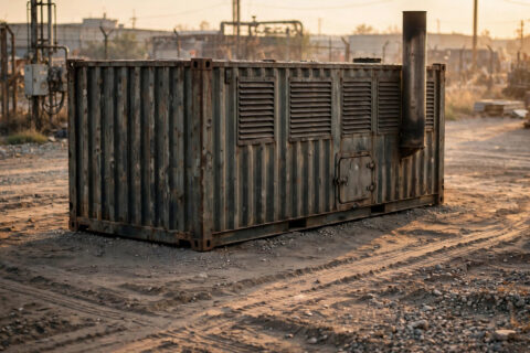 Containerized diesel generator set with ventilation louvers and exhaust stack at an industrial site