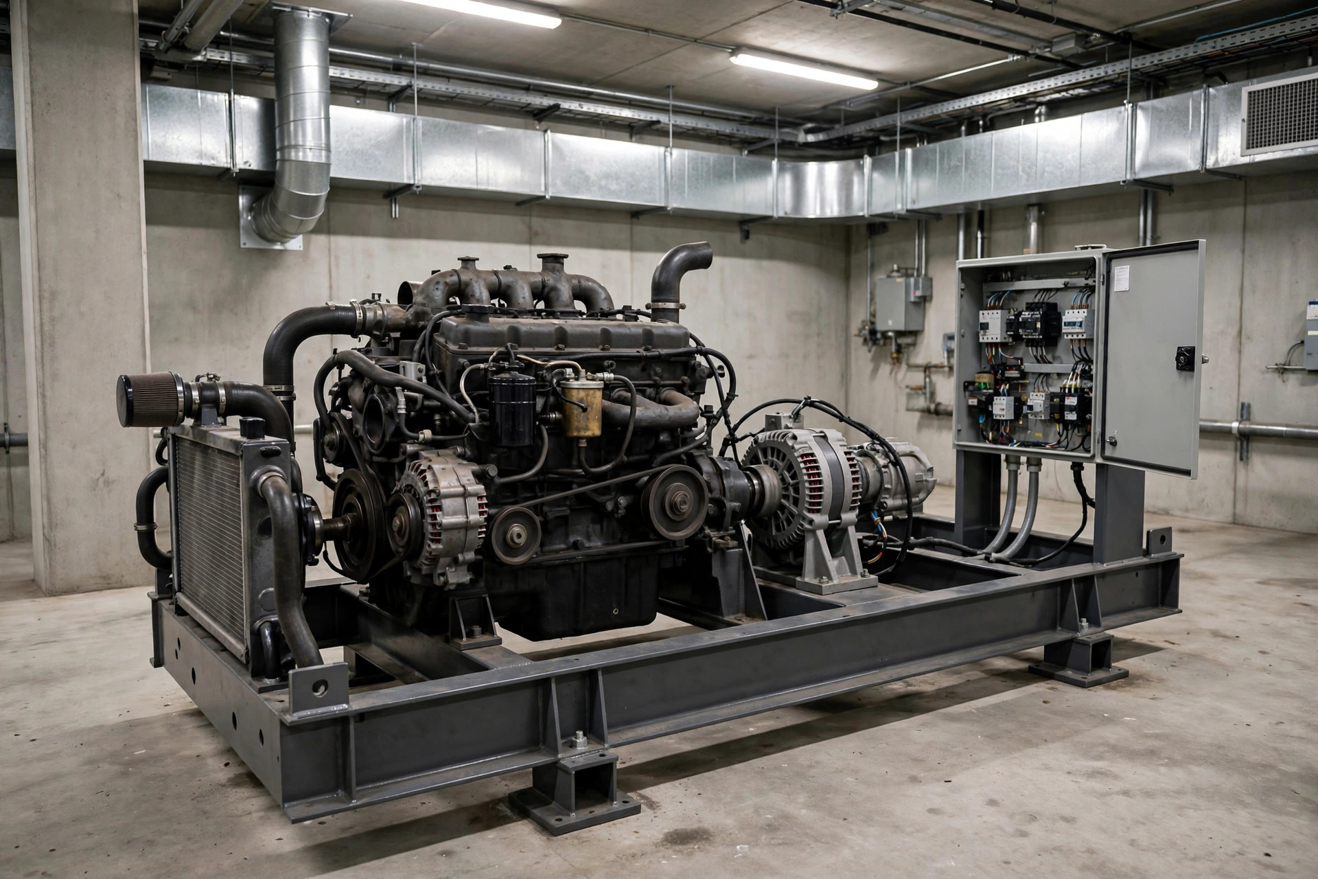 Open-frame diesel generator skid with exposed engine and alternator in a concrete generator room