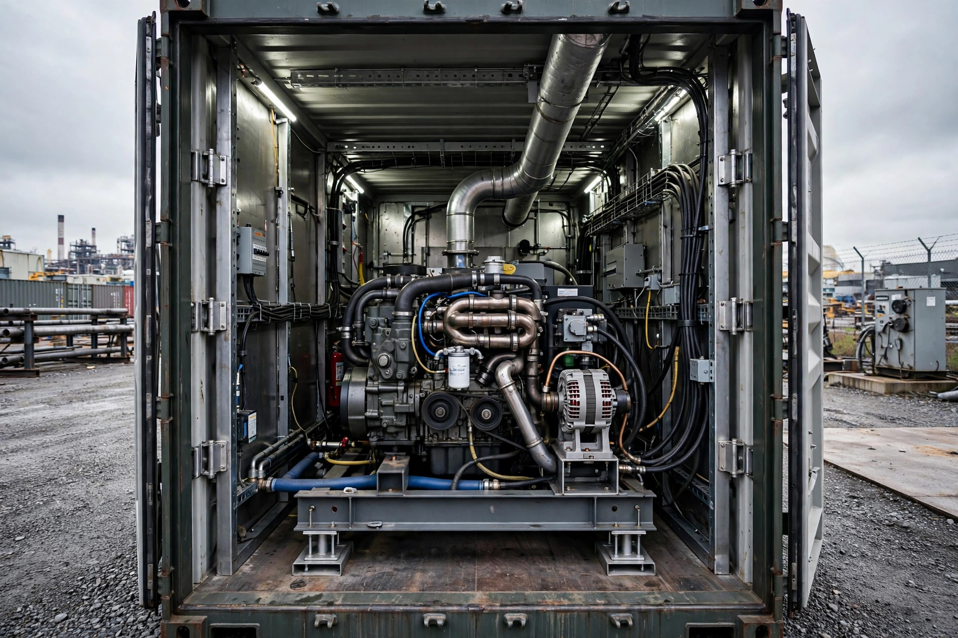 Open container doors showing a diesel generator set mounted inside a weatherproof steel container