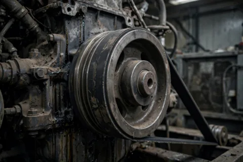 Harmonic balancer (crankshaft vibration damper) on a diesel generator engine front pulley
