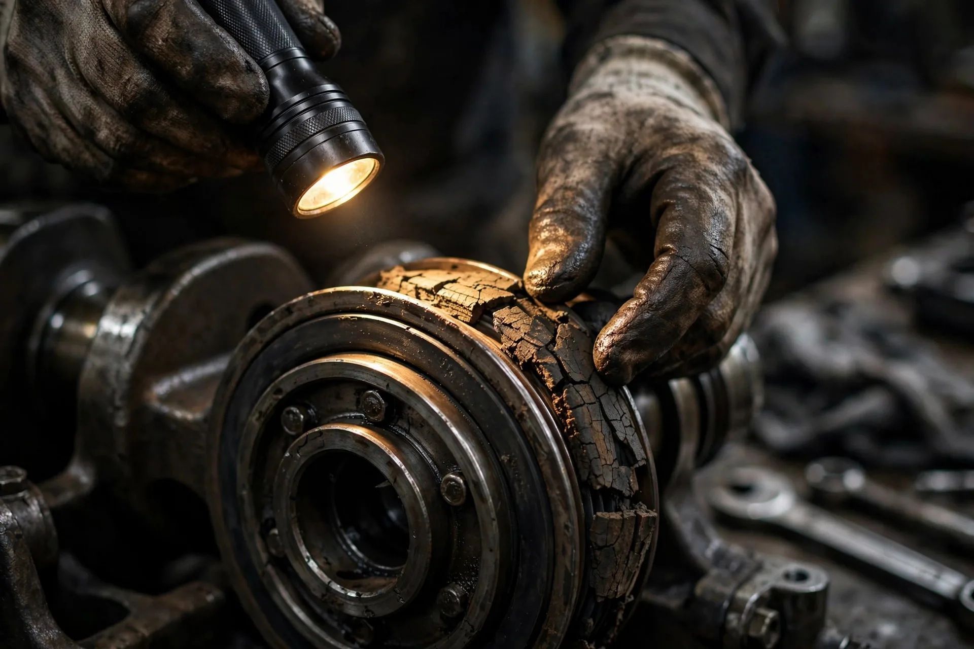 Cracked rubber ring on a diesel generator crankshaft damper during inspection