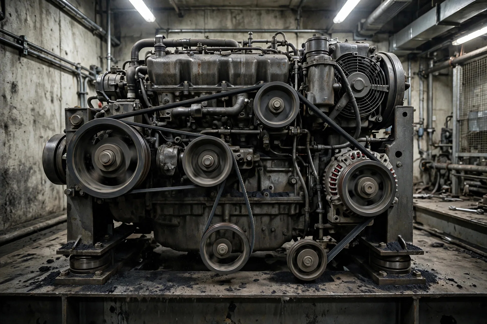 Belt drive on a diesel generator engine with misaligned pulley causing belt dust