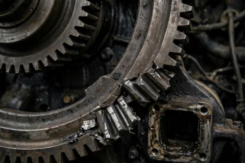 Close-up of a damaged flywheel ring gear on a diesel generator engine — broken and worn teeth in one arc where the starter pinion engages