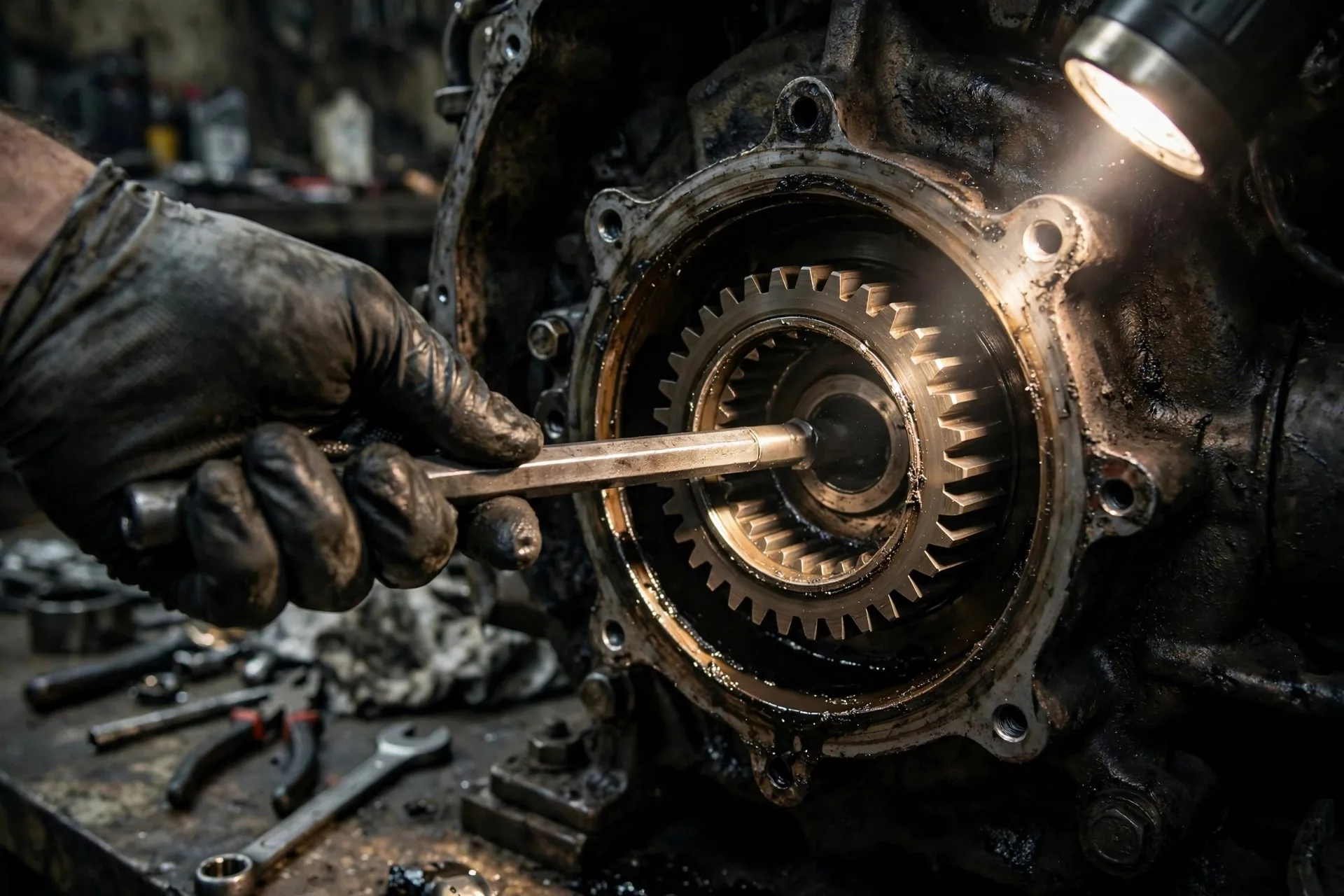 Technician turning a diesel generator engine over with a barring tool and flashlight to inspect flywheel ring gear teeth through the starter motor opening