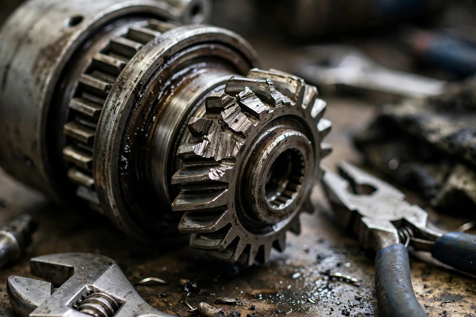 Starter motor pinion gear with chewed teeth and worn overrunning clutch drive on a workbench