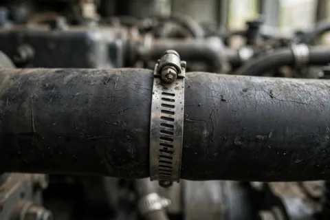 Aging diesel generator upper radiator hose with clamp in an engine room, close-up of cracked rubber texture