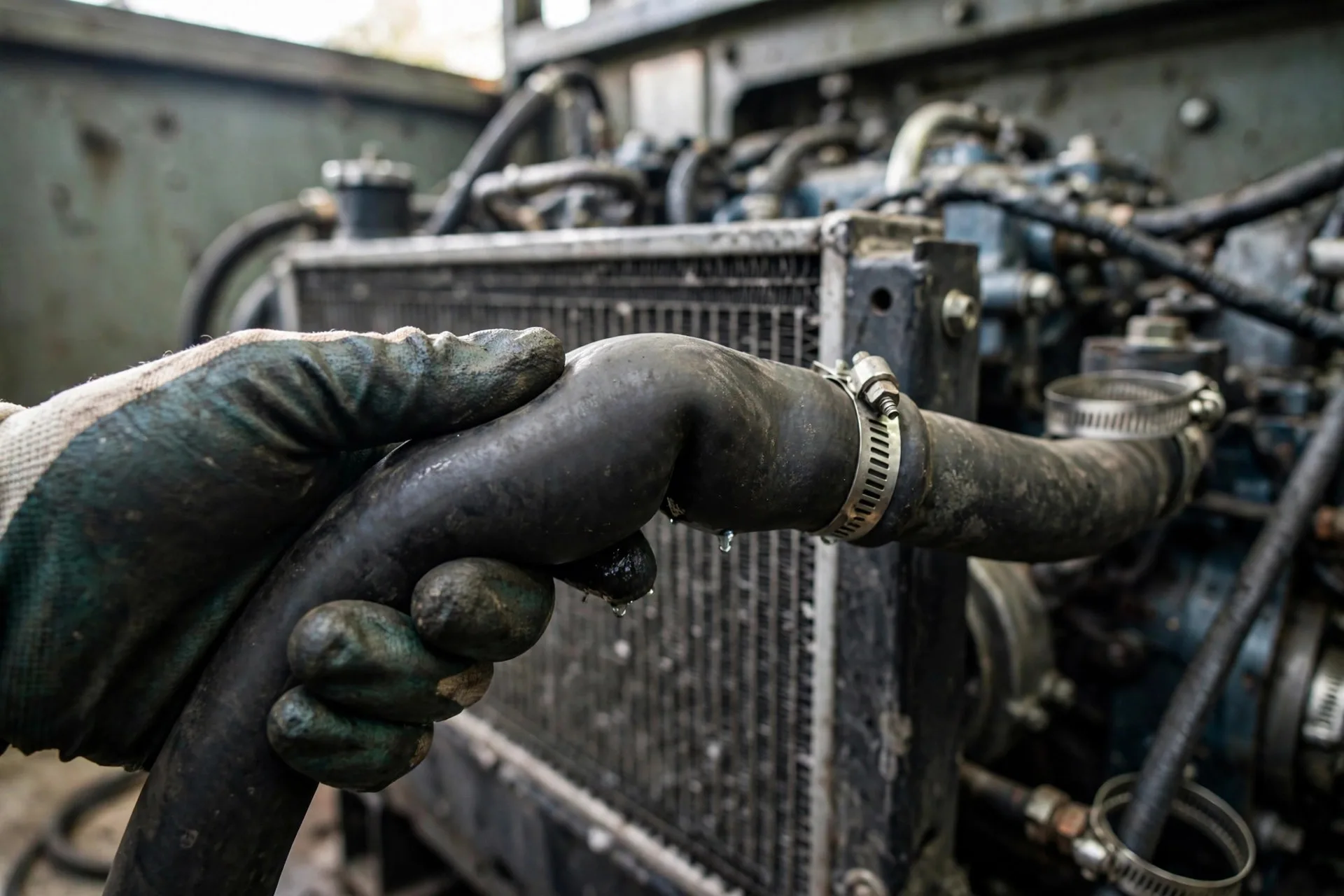 Technician's gloved hand squeeze-testing a bulging soft radiator hose on a diesel generator