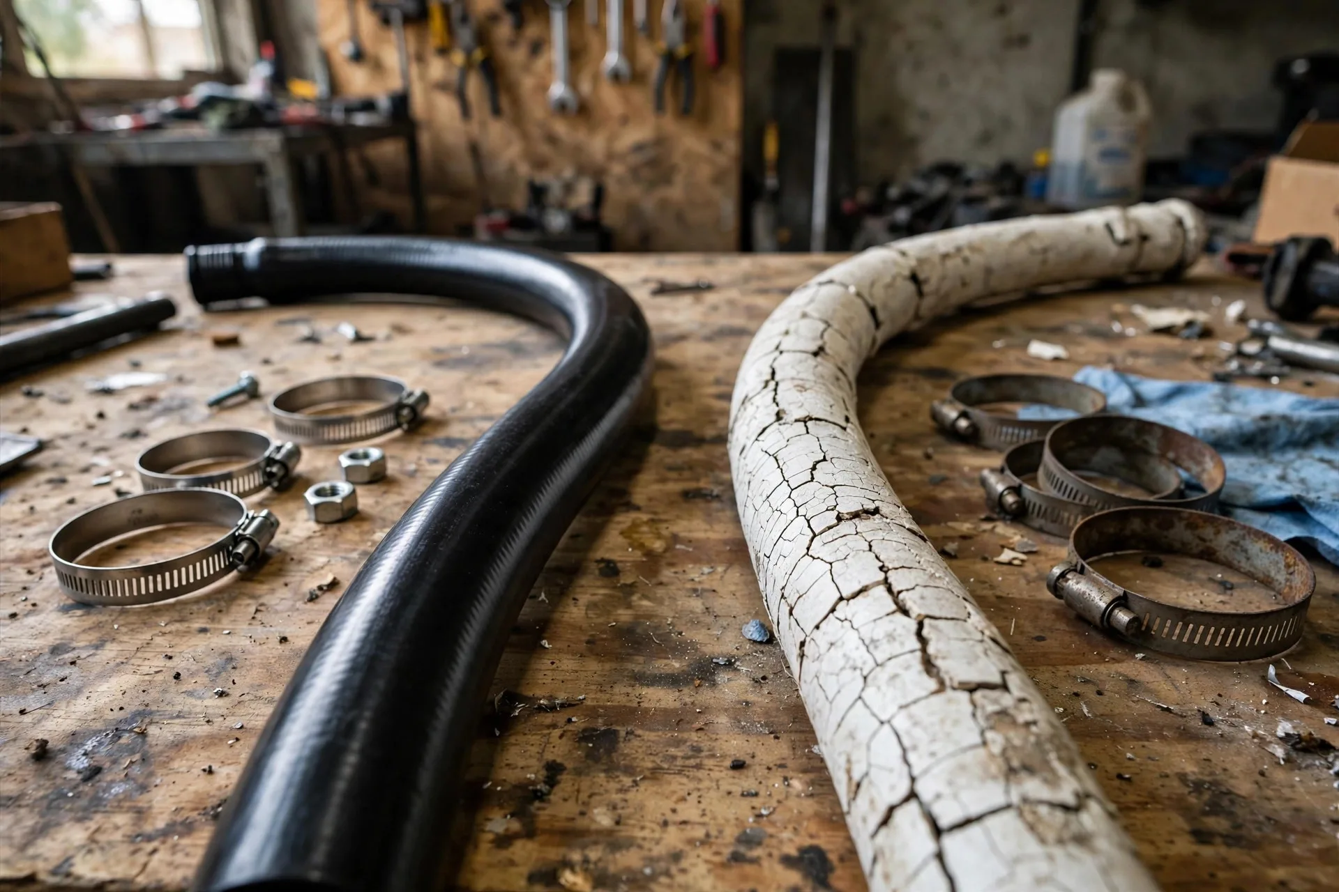 New and old diesel generator radiator hoses side by side on a workbench with clamps