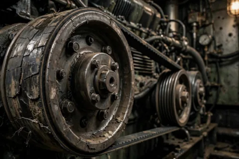 Cracked and glazed V-belt on a diesel generator engine pulley in an engine room