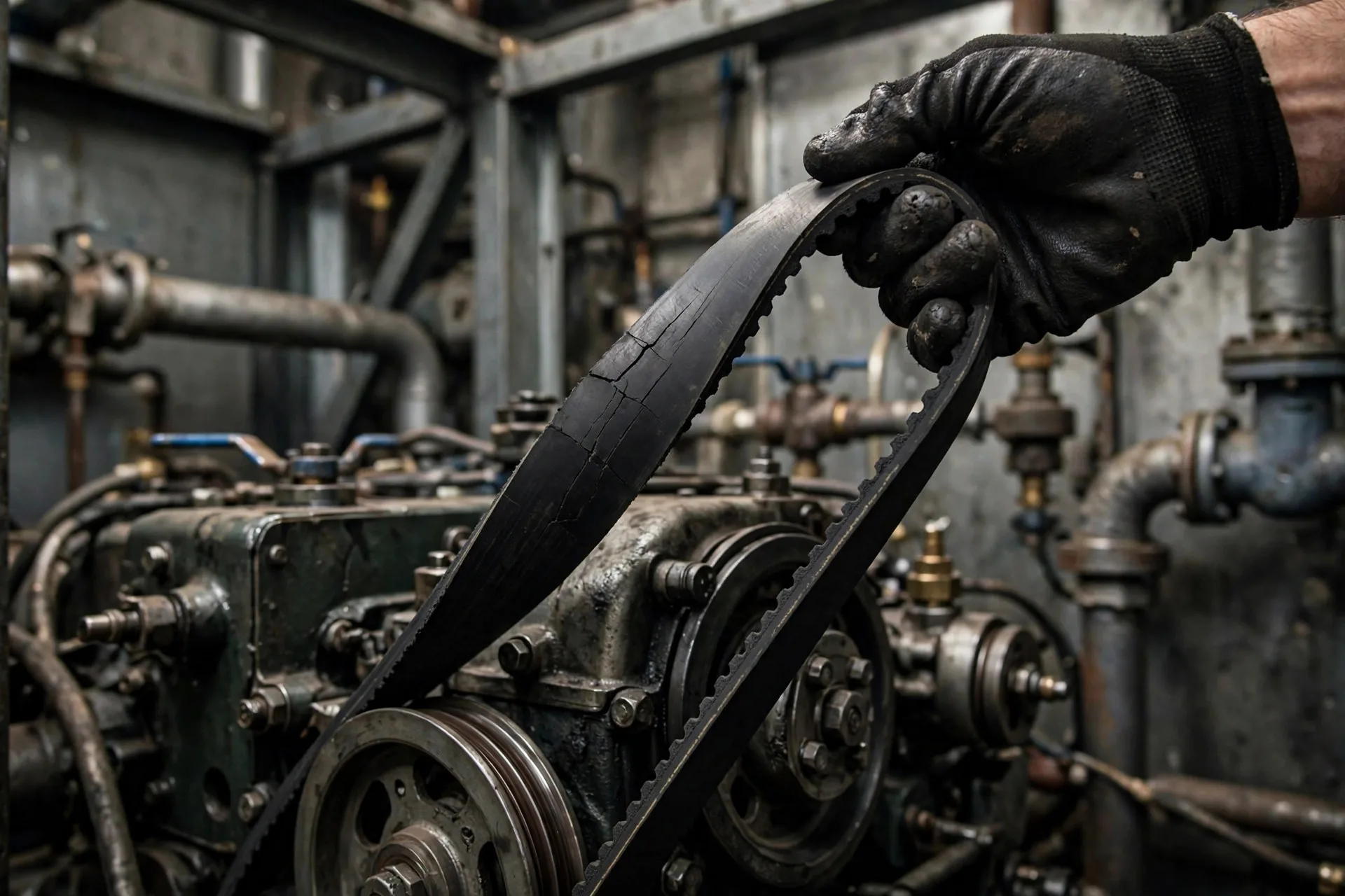 Technician's gloved hand twisting a diesel generator drive belt to inspect its inner surface for cracks