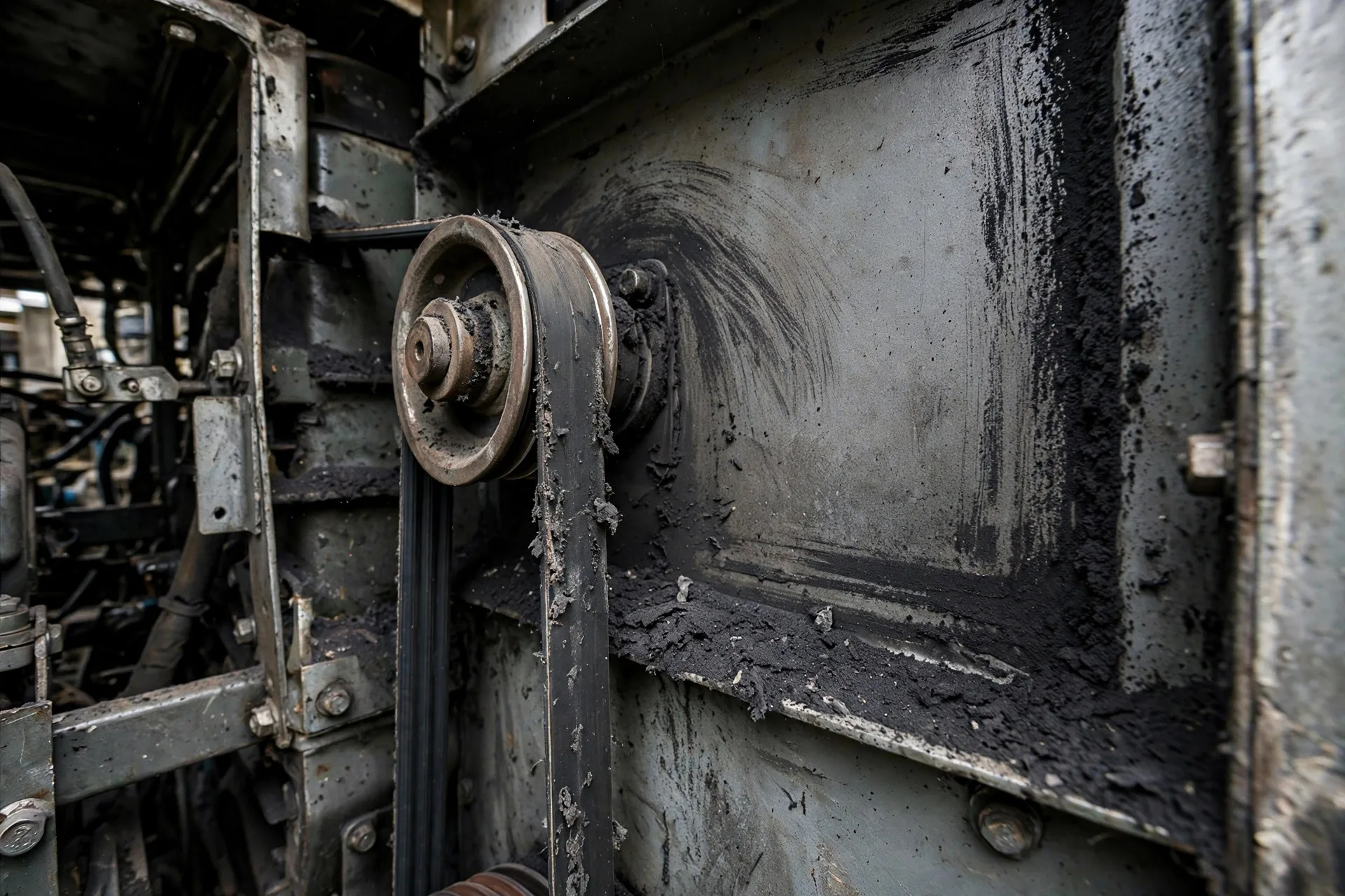 Black belt dust coating the inside of a diesel generator canopy around the belt drive pulleys