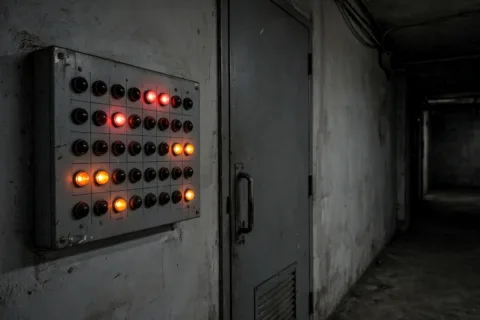Wall-mounted diesel generator remote annunciator panel with indicator lamps in a building corridor
