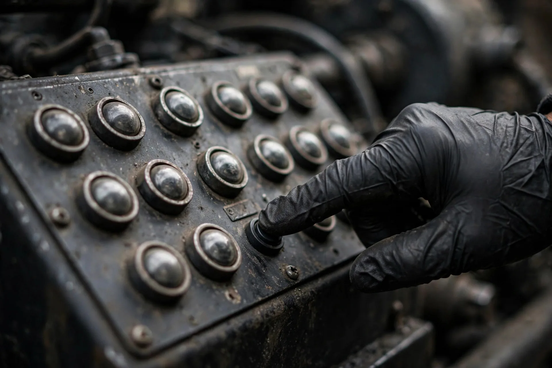 Technician's gloved hand pressing the lamp test button on a generator remote annunciator panel