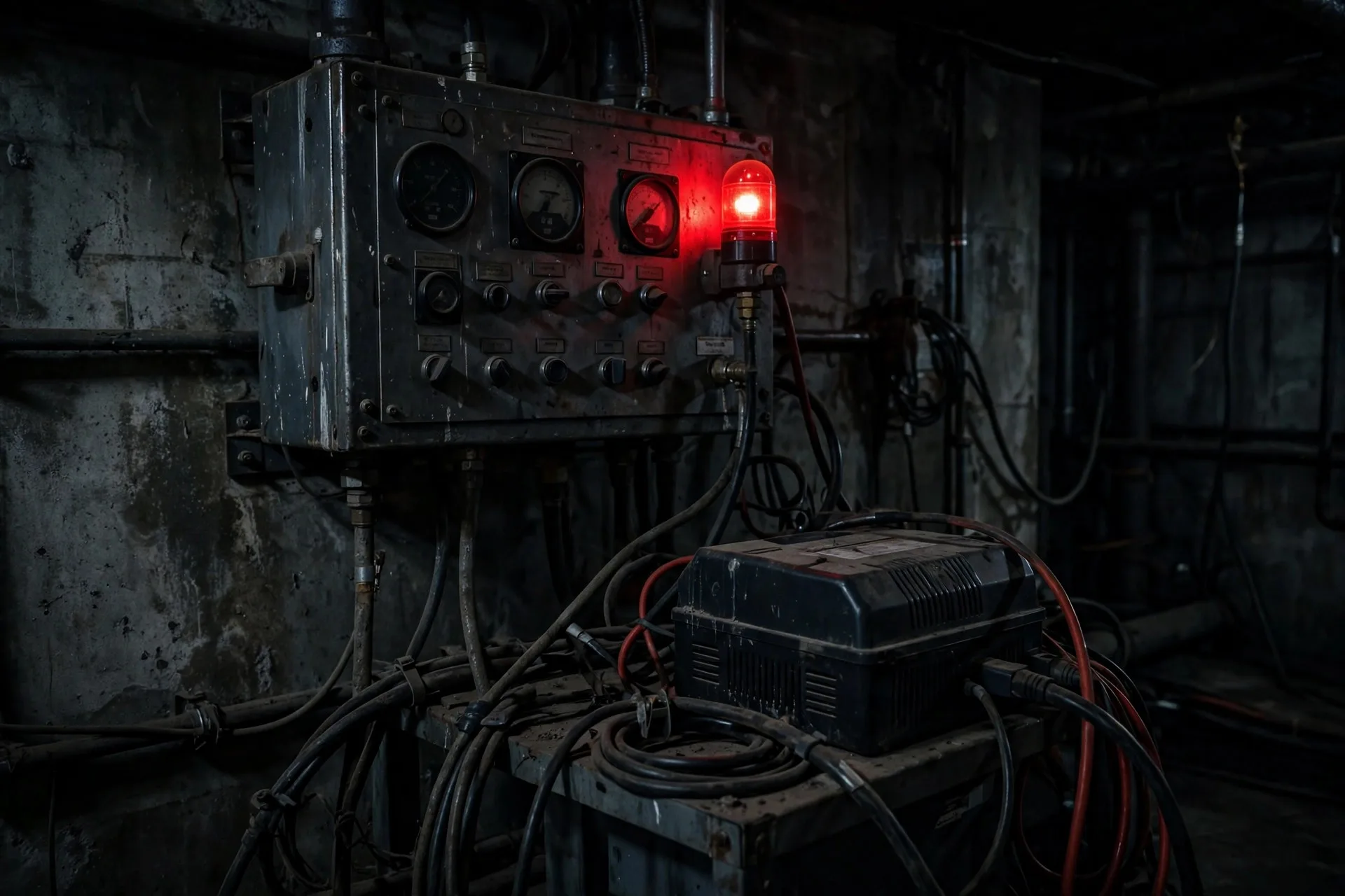 Diesel generator controller showing a fault alarm lamp in a dark basement generator room