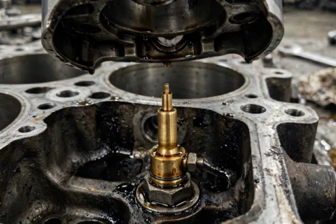 Close-up of a piston cooling oil jet nozzle aimed at the underside of a diesel generator engine piston during overhaul