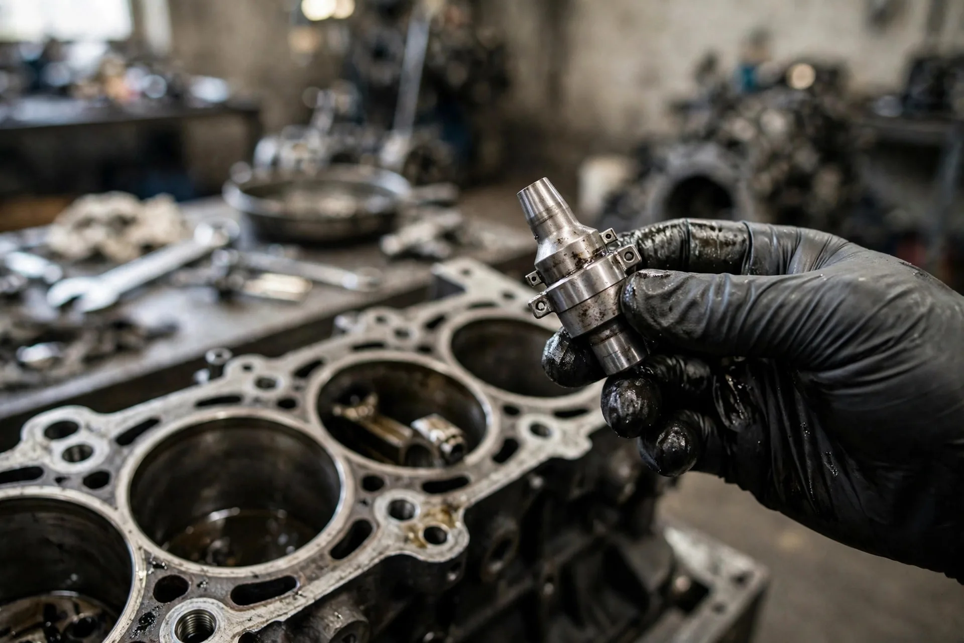 Technician's gloved hand holding a small piston cooling jet nozzle next to an open diesel engine block