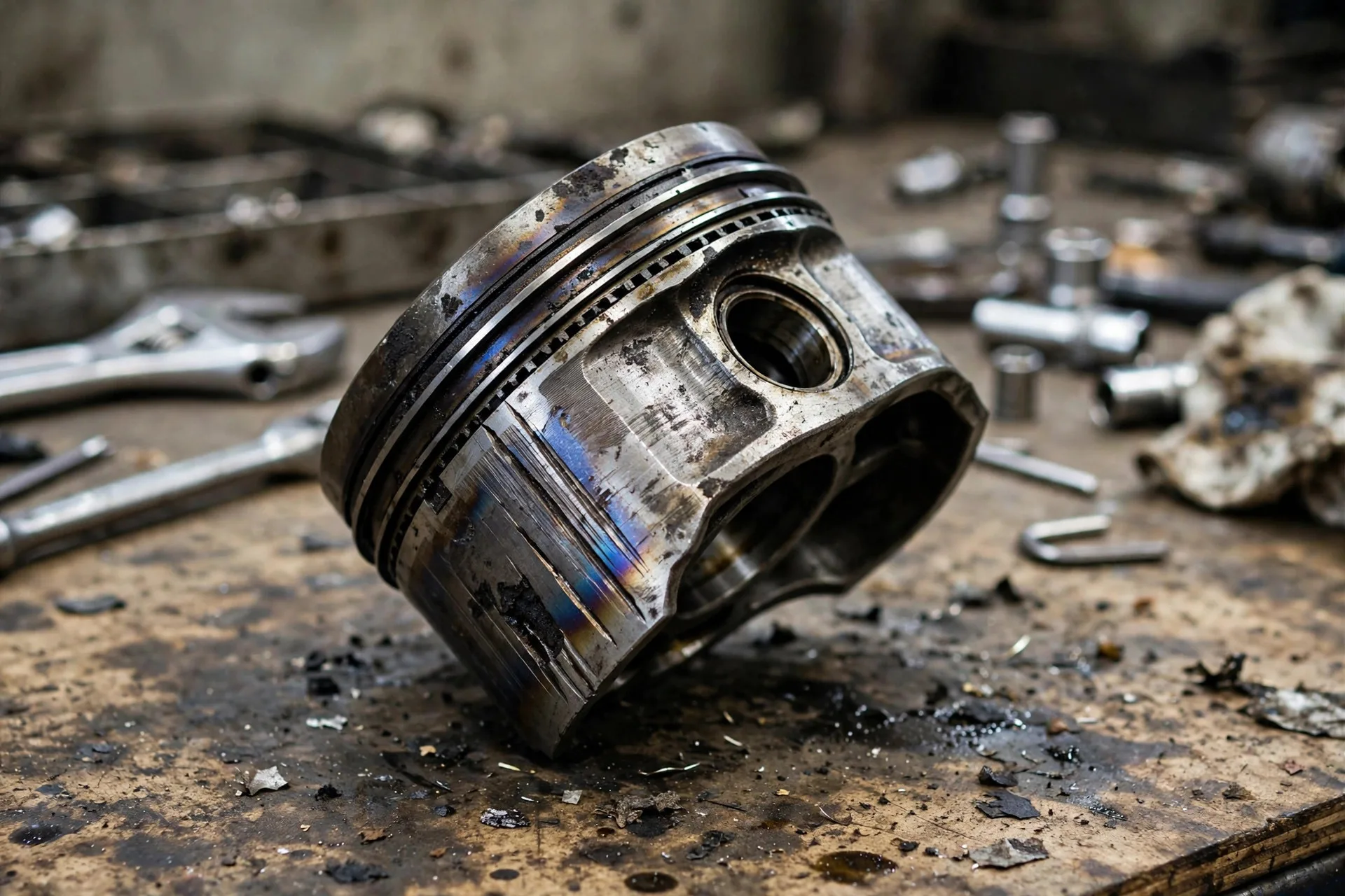 Scuffed diesel engine piston with heat damage on the skirt lying on a workbench after teardown