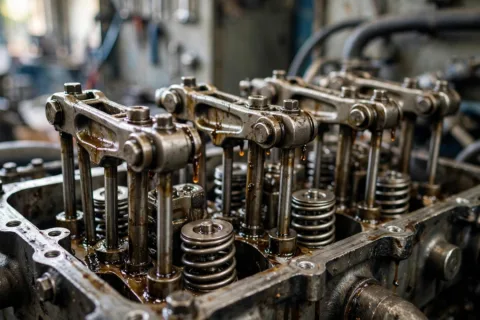 Close-up of diesel generator engine valve train with rocker arms, pushrods and valve springs under an open valve cover