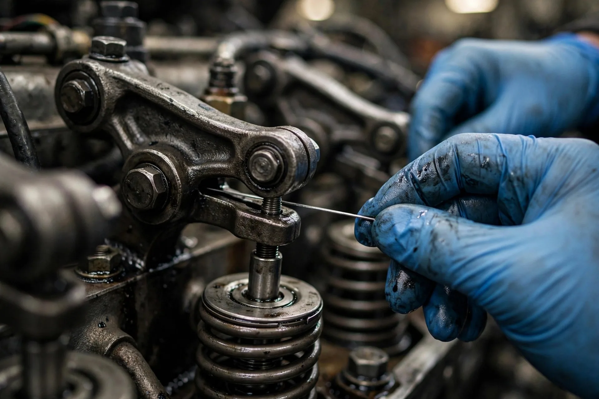 Technician's gloved hands checking valve lash clearance with a feeler gauge at a diesel generator rocker arm