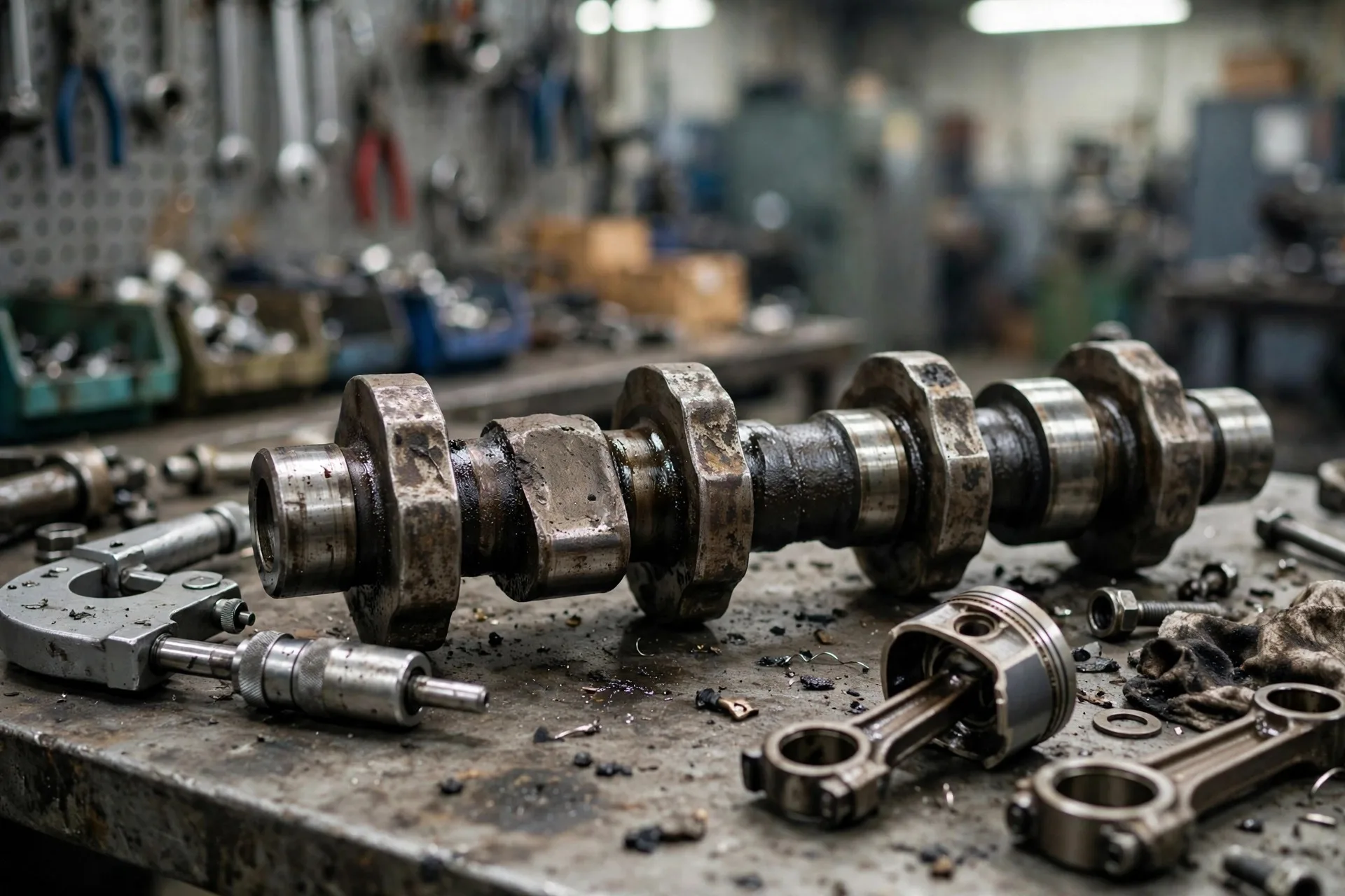 Worn diesel engine camshaft with a flattened lobe on a workbench next to a micrometer