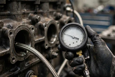 Diesel generator compression test gauge connected to an injector hole on an open engine in a workshop