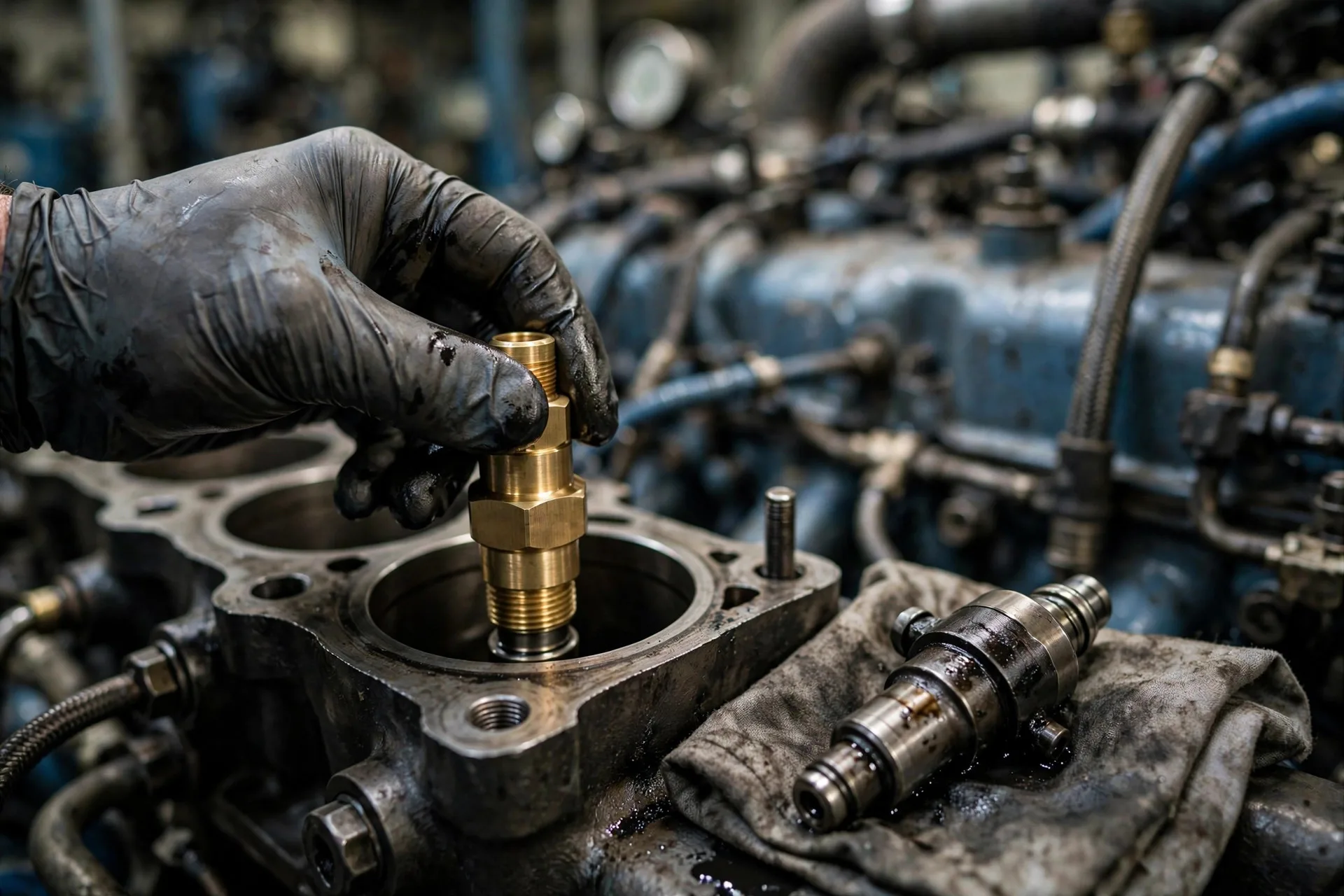 Technician's gloved hand threading a compression test adapter into a diesel generator injector bore