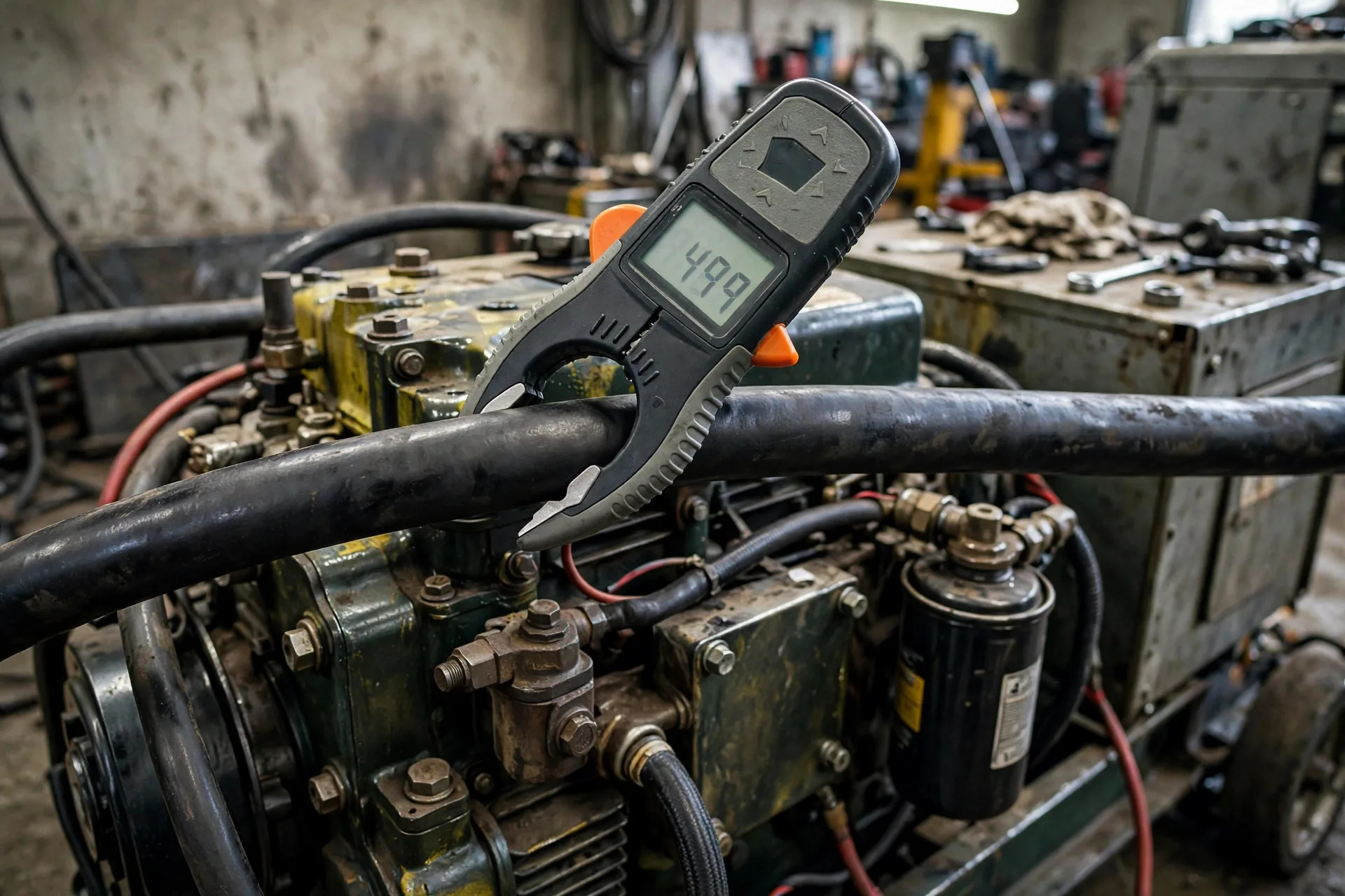 Current clamp on a diesel generator starter cable during a relative compression test