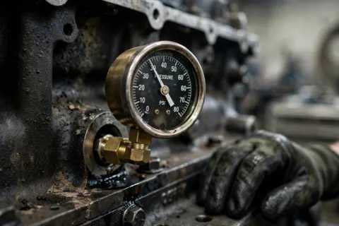 Mechanical oil pressure test gauge screwed into a diesel generator engine gallery port