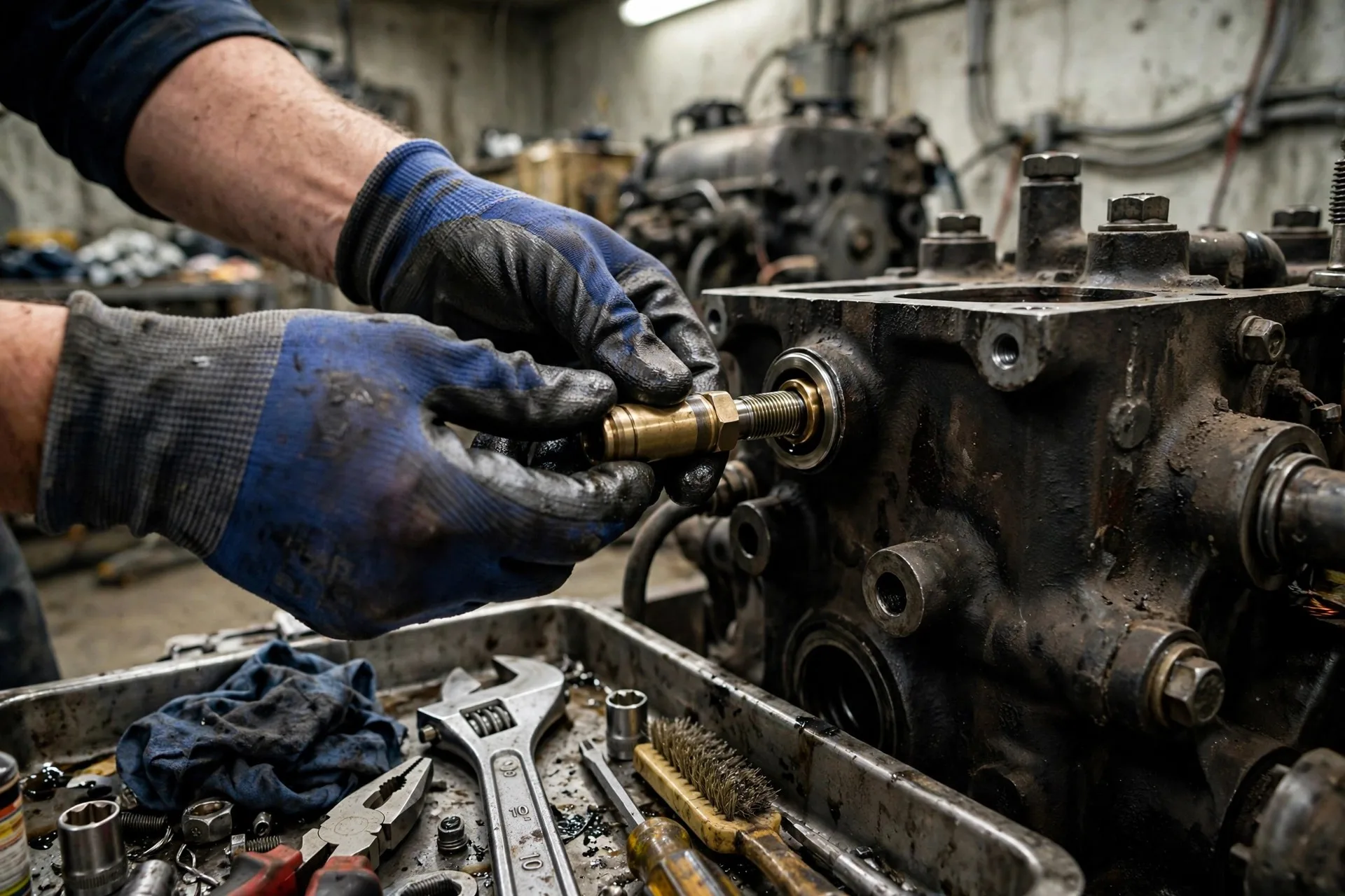 Technician's gloved hands pulling an oil pressure relief valve from a diesel generator engine block