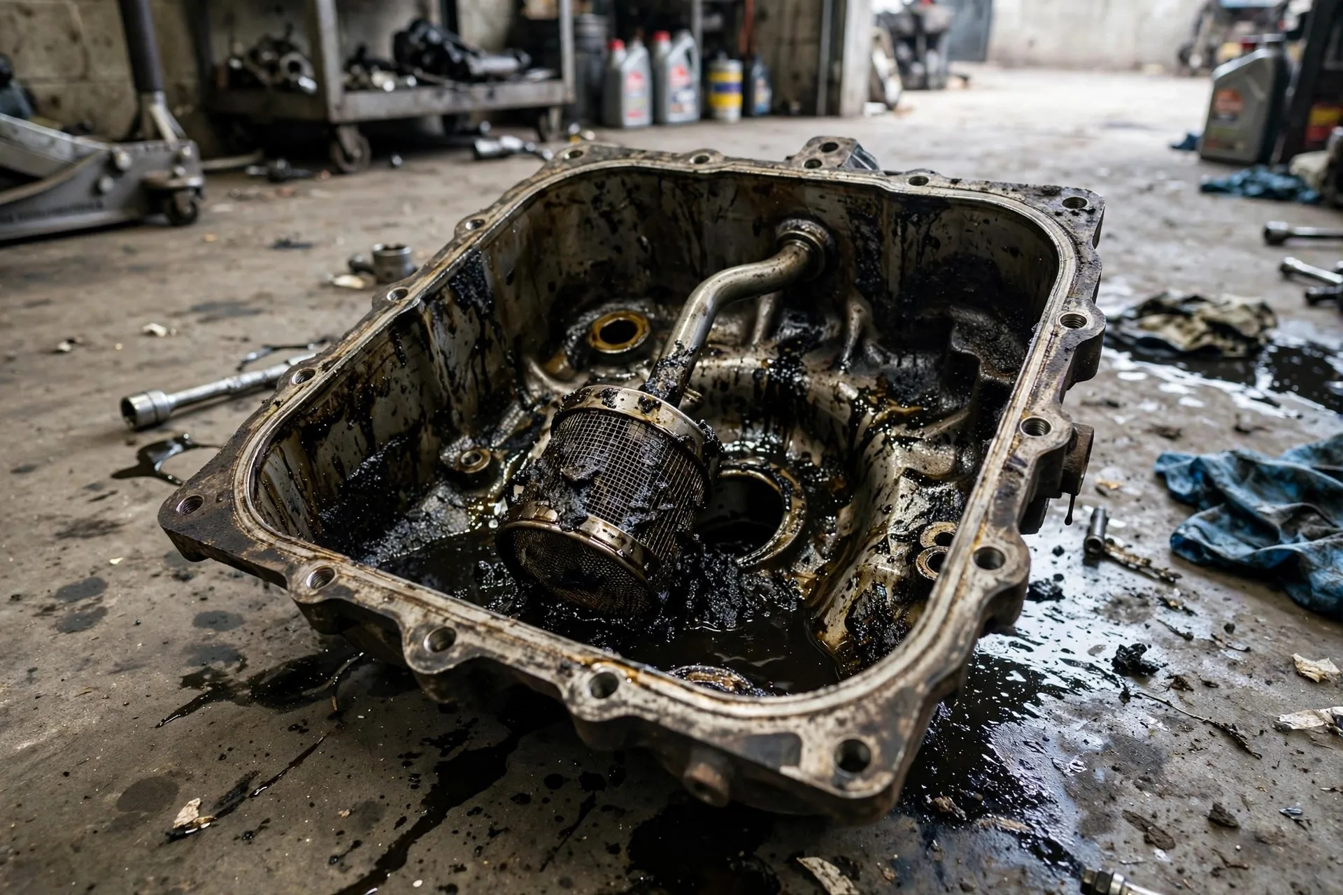 Open diesel engine oil sump with the pickup tube and strainer visible inside