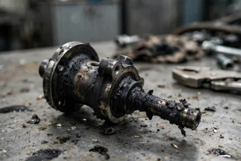 Soot-fouled EGR valve removed from a Tier 4 diesel generator engine during overhaul