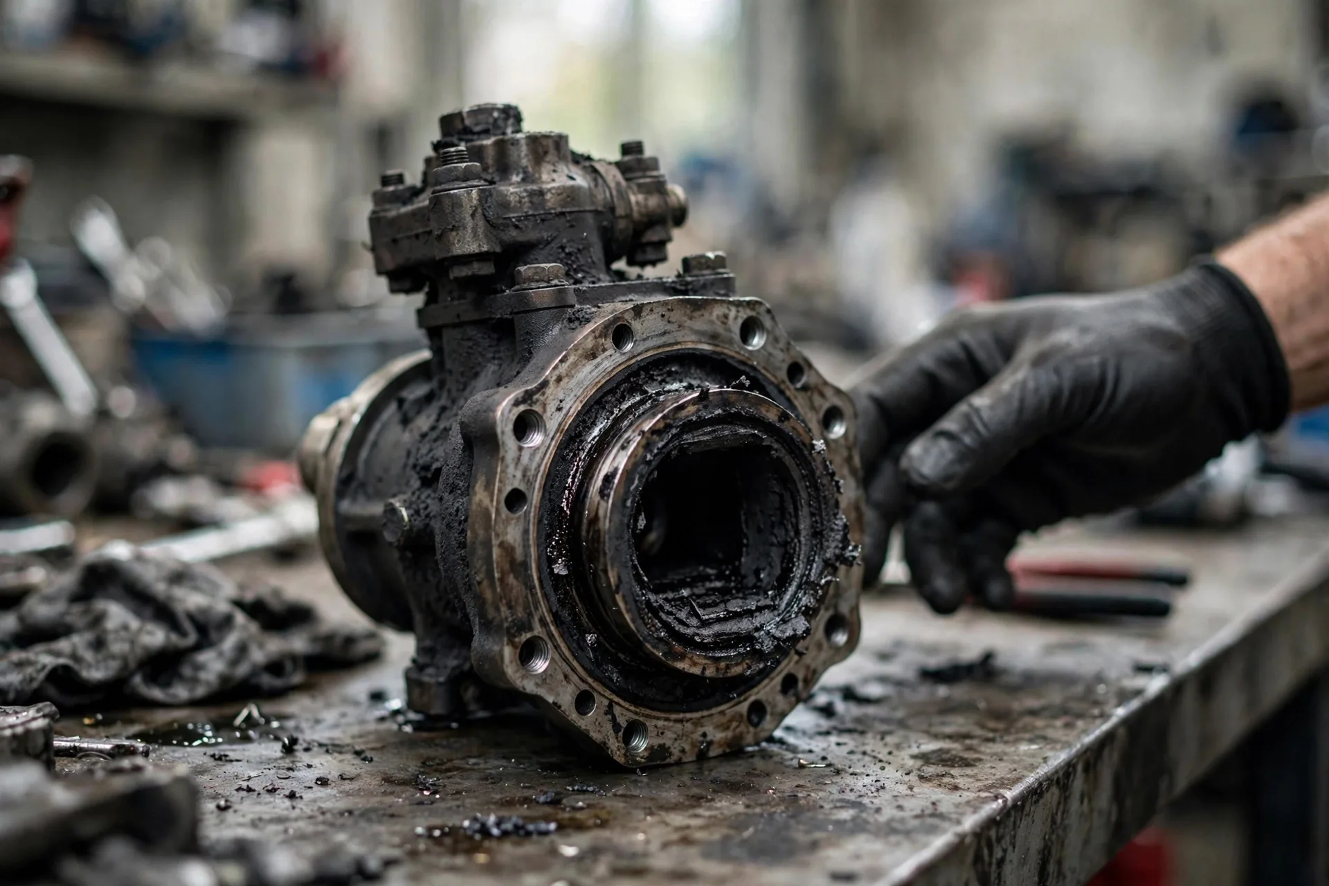 Close-up of a soot-choked EGR valve from a diesel generator engine on a workbench