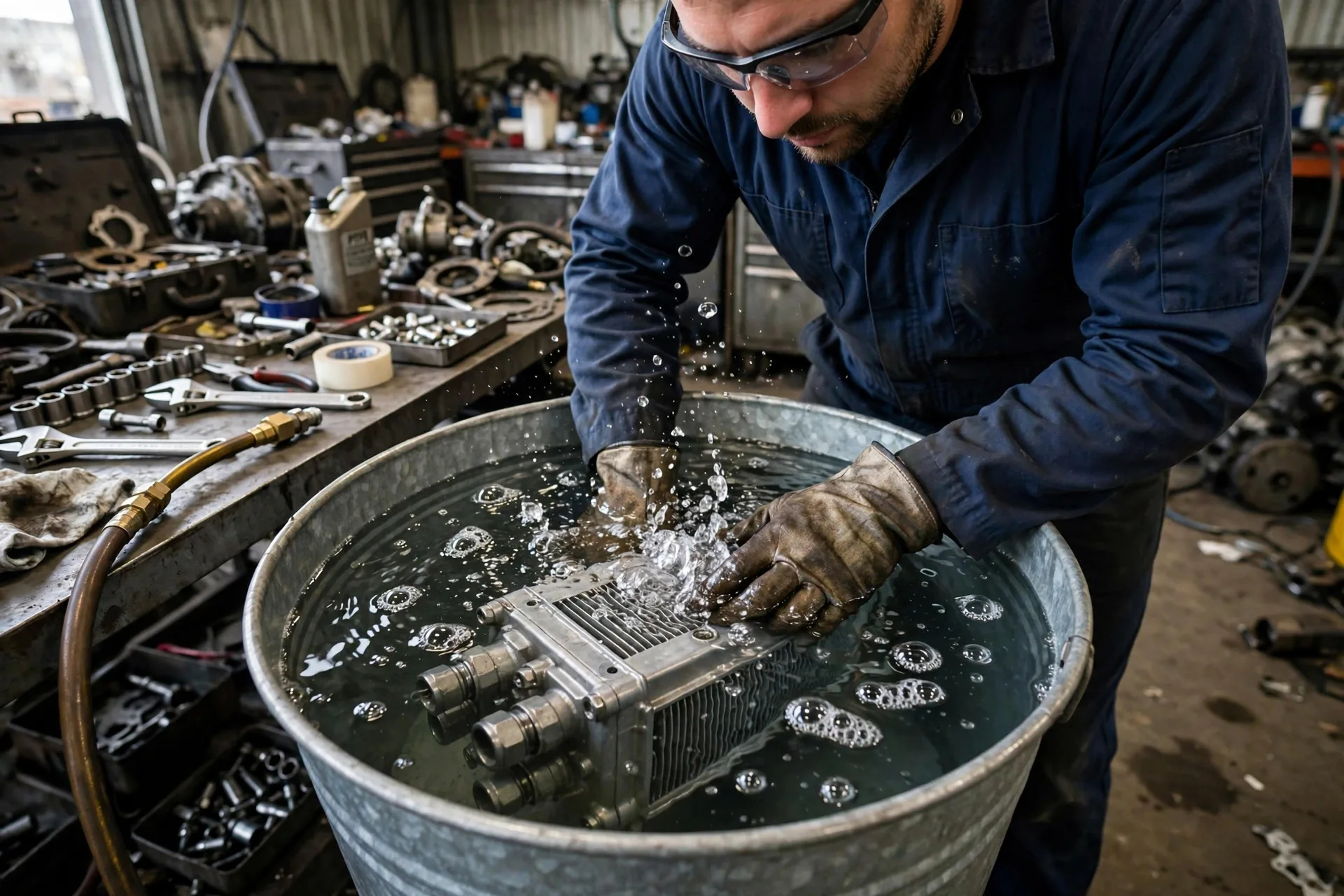 Technician pressure-testing a diesel generator EGR cooler submerged in a water bucket for internal leaks